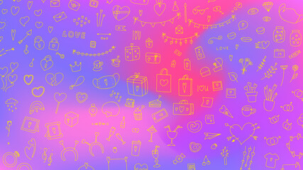 Big Doodle Valentine's Day set. Hand drawn love symbol on blurred light background. Cute greeting cards, gifts, accessories with hearts. Balloons, message sign. Pastel pink, lilac smooth vector banner