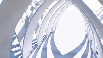 Futuristic architecture background arched columns in interior 3d render