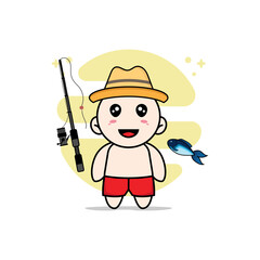 Cute kids character holding a fishing rod.