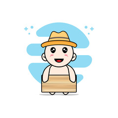 Cute kids character holding a wooden board.
