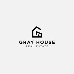 Gray house logo design. Scandinavian real estate symbol. line art home vector. letter G construction logo