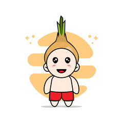 Cute kids character wearing onion costume.