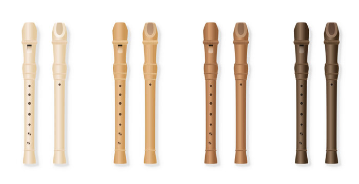 Soprano recorders, different wooden textures and colors, realistic three-dimensional music intruments, front view and back view, various kinds of wood. Isolated vector illustration on white background