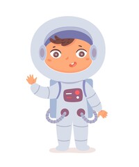 Obraz na płótnie Canvas Kid as astronaut. Cute little boy with professional occupation vector illustration. Happy child as cosmonaut in spacesuit standing and waving isolated on white background