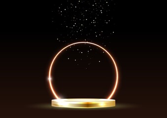 Glowing neon golden circle with sparkles in fog on gold podium. Abstract round electric light frame on dark background
