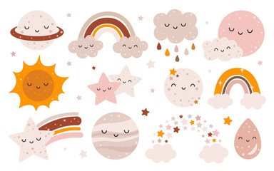 Vector hand drawn celestial collection with cute planet, moon, cloud, rainbow, stars for nursery decoration.