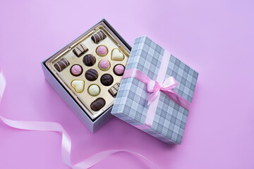 Box of chocolate pralines with pink bow on pink background.