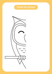 Finish the picture of owl. Educational game for children. Handwriting and drawing practice. Nature theme activity for toddlers, kids.