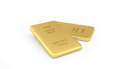 Two thin gold bars on white. 3d illustration 