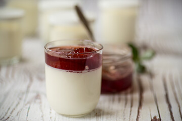 homemade sweet yogurt with fruit jam in a glass