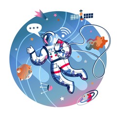 Funny astronaut messaging on phone in space. Man in spacesuit chatting on telephone. Space exploration fun entertainment vector illustration. Cosmonaut in universe, stars and planets