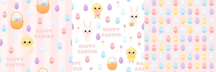 Obraz premium Colourful set of easter pattern with cute bunny and chick holding basket with eggs or hiding in egg shell, childish ornament for wrapping paper or textile, floral design, spring holidays