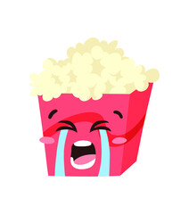 Hand Drawn Cartoon Illustration Pop Corn Emoji.  Food Vector Drawing Sweet Emoticon. Tasty Image Meal. Flat Style Vegan Collection