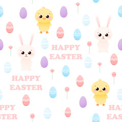 Cute childish seamless pattern with animal characters - bunny and chick, painted eggs around and baskets, easter holiday theme for wrapping paper or textile in cartoon style on white background