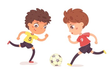 Boys playing football together. Two happy little kids playing sport in uniforms vector illustration. Smiling children kicking ball by foot between them on white background