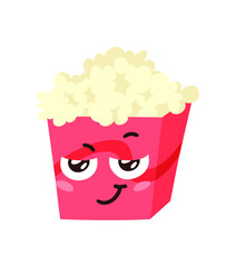 Hand Drawn Cartoon Illustration Pop Corn Emoji.  Food Vector Drawing Sweet Emoticon. Tasty Image Meal. Flat Style Vegan Collection