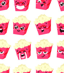 Hand Drawn Cartoon Illustration Pop Corn Emoji.  Food Vector Drawing Sweet Emoticon. Tasty Image Meal. Flat Style Vegan Collection   Seamless Pattern
