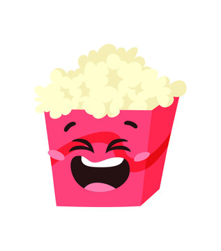 Hand Drawn Cartoon Illustration Pop Corn Emoji.  Food Vector Drawing Sweet Emoticon. Tasty Image Meal. Flat Style Vegan Collection