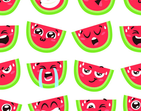 Hand Drawn Cartoon Illustration Watermelon Emoji.  Food Vector Drawing Sweet Emoticon. Tasty Image Meal. Flat Style Vegan Collection Fruits Seamless Pattern