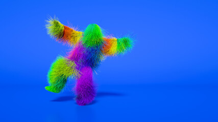 Funny hairy multicolored monster man character dancing . Furry beast having dancing, fur bright...