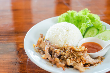 Fried garlic pork with Rice on white plate
