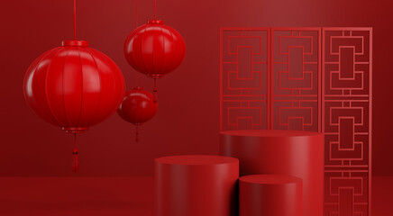 cosmetics stand in red backdrop background,3d rendering design