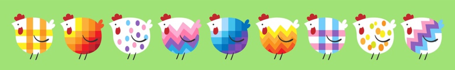 Happy Easter! Colorful banner with nine decorative chickens. Isolated on green background. In cartoon style. Vector flat illustration.
