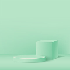 Abstract background with green geometric 3d podiums. Vector illustration