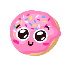 Hand Drawn Cartoon Illustration Donut Emoji. Fast Food Vector Drawing Sweet Emoticon. Tasty Image Meal. Flat Style Collection American Cuisine