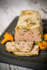 homemade sausage from minced meat with mushrooms and vegetables inside