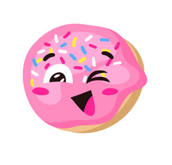 Hand Drawn Cartoon Illustration Donut Emoji. Fast Food Vector Drawing Sweet Emoticon. Tasty Image Meal. Flat Style Collection American Cuisine