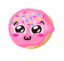 Hand Drawn Cartoon Illustration Donut Emoji. Fast Food Vector Drawing Sweet Emoticon. Tasty Image Meal. Flat Style Collection American Cuisine