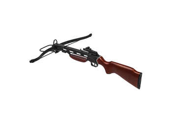 Modern crossbow with a wooden stock isolate on a white back. Quiet weapon for hunting and sports.