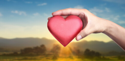 Hands holding red heart. heart health donation concepts