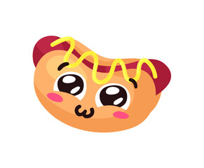 Hand Drawn Cartoon Illustration Hot Dog Emoji. Fast Food Vector Drawing Emoticon. Tasty Image Meal. Flat Style Collection American Cuisine