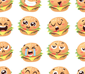 Hand Drawn Cartoon Illustration Burger Emoji. Fast Food Vector Drawing Humburger Emoticon. Tasty Image Meal. Flat Style Collection American Cuisine Seamless Pattern