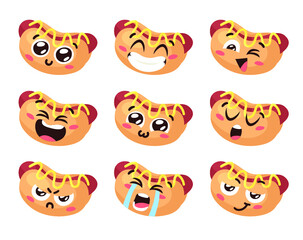 Obraz na płótnie Canvas Hand Drawn Cartoon Illustration Hot Dog Emoji. Fast Food Vector Drawing Emoticon. Tasty Image Meal. Flat Style Collection American Cuisine