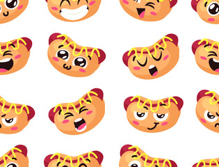 Hand Drawn Cartoon Illustration Hot Dog Emoji. Fast Food Vector Drawing Emoticon. Tasty Image Meal. Flat Style Collection American Cuisine Seamless Pattern