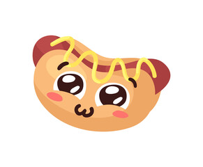 Hand Drawn Cartoon Illustration Hot Dog Emoji. Fast Food Vector Drawing Emoticon. Tasty Image Meal. Flat Style Collection American Cuisine