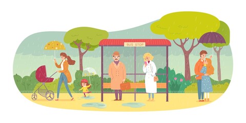 People in rainy weather at bus stop. Man and woman under umbrella, girl and businessman sheltering under roof, mother in raincoat with child and stroller. Traveling in transport vector illustration