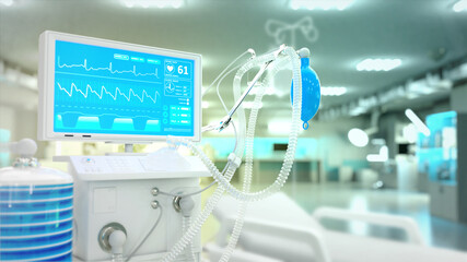 ICU covid ventilator in hospital, cg medicine 3d illustration