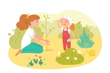Kid helping sister plant tree. Happy smiling girls putting new tree in ground in garden. Childhood helper vector illustration. Fun leisure activity outdoor in summer or autumn