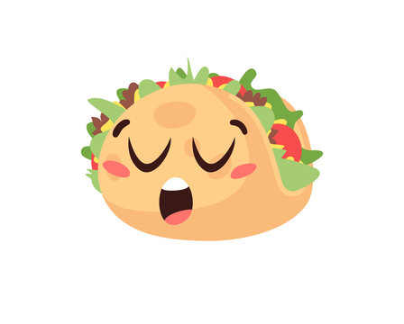 Hand Drawn Cartoon Illustration Tacos Emoji. Fast Food Vector Drawing Emoticon. Tasty Image Meal. Flat Style Collection  Mexican Cuisine