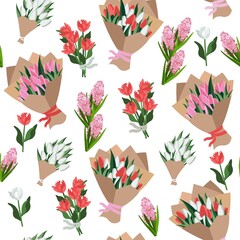 Spring flowers. Seamless background. Bouquets of tulips and hyacinth in a pot. Vector illustration. Texture.