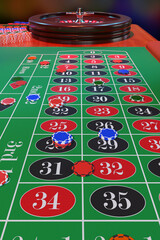Chips on a casino roulette table. Selective focus. 3d illustration.