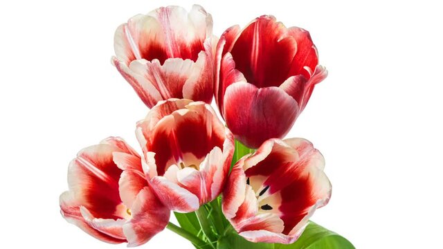 Beautiful bouquet of pink tulips.Timelapse of blooming flowers in bouquet of pink tulips on a white background, close-up. Holiday bouquet. Wedding backdrop, Valentine's Day concept.