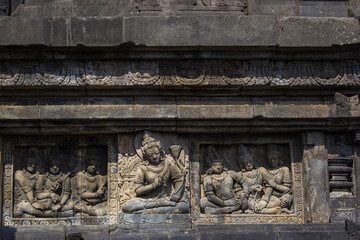 Bas-reliefs showing Hindu mythology in Prambanan temple in Yogyakarta, Java island, Indonesia