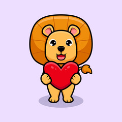 Cute lion king holding big heart design icon illustration
