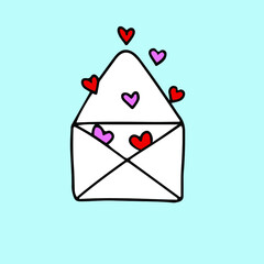 vector doodle - envelope letter with hearts flying out of it. Decorative element for Valentine's Day. Freehand style