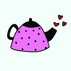 vector doodle - teapot with hearts. cute sticker for valentine's day. Romantic tea kettle ceremony. Element for design Valentine's day